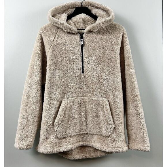 PINK VICTORIAS SECRET Beige Half Zip Teddy Bear Sherpa Pullover Hoodie Size S - Picture 1 of 3